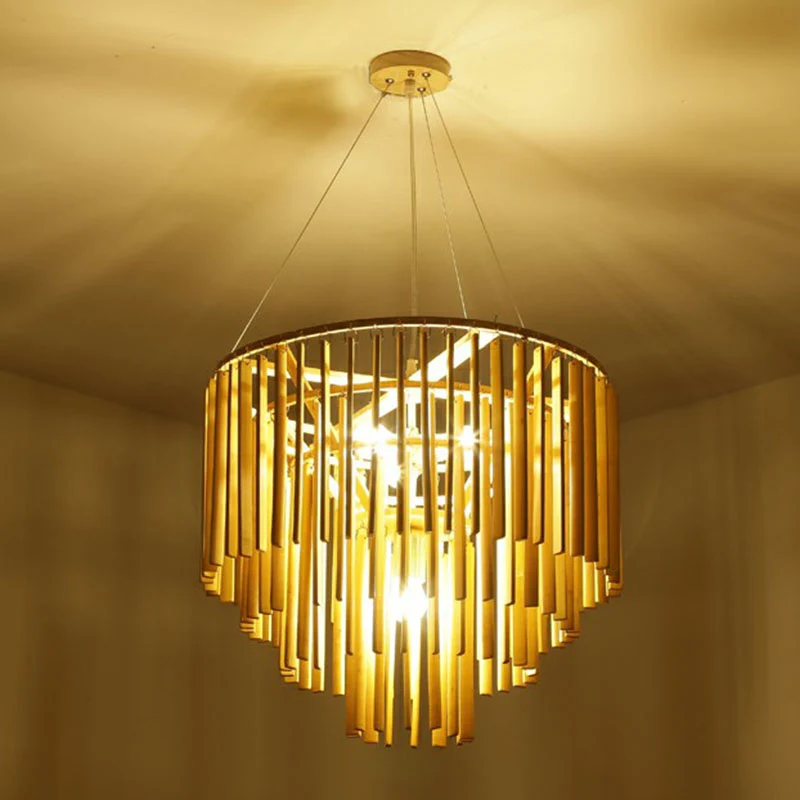 Gelaagde kroonluchter hanglamp eigentijds bamboe 4-kops gele hangende verlichting voor restaurant Clearhalo