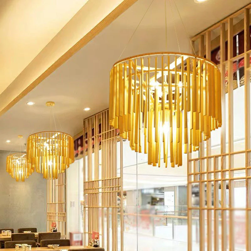 Gelaagde kroonluchter hanglamp eigentijds bamboe 4-kops gele hangende verlichting voor restaurant Clearhalo