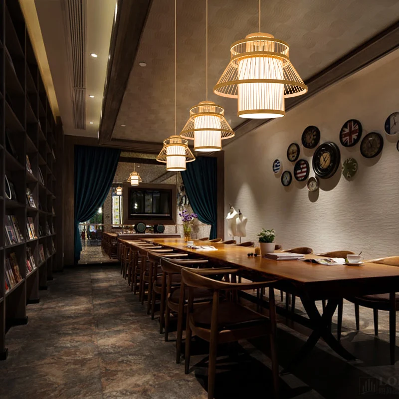 Gelaagde ophangverlichting Minimalistische bamboe 1��Head Restaurant hangende plafondlamp hout Clearhalo