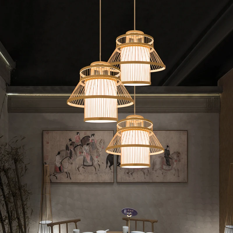 Gelaagde ophangverlichting Minimalistische bamboe 1��Head Restaurant hangende plafondlamp hout Clearhalo