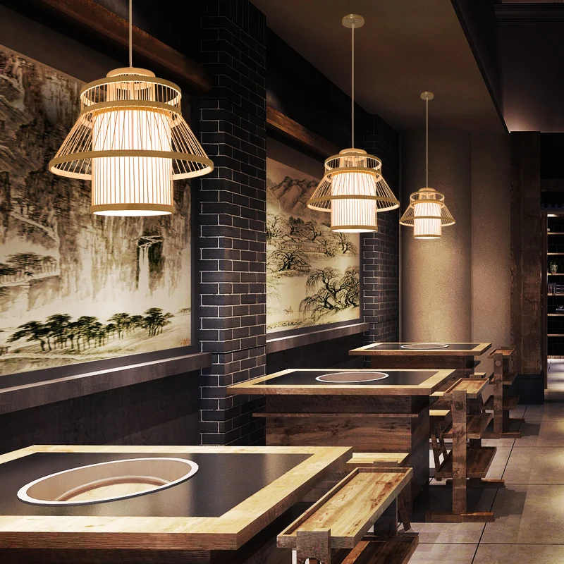 Gelaagde ophangverlichting Minimalistische bamboe 1-koppige hangende plafondlamp voor restaurants hout Clearhalo