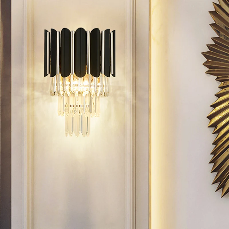 Gelaagde wandgemonteerde verlichting Modern helder kristal 2-lichts wandkandelaar zwart Clearhalo