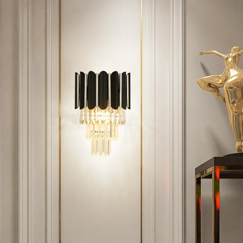 Gelaagde wandgemonteerde verlichting Modern helder kristal 2-lichts wandkandelaar zwart Clearhalo