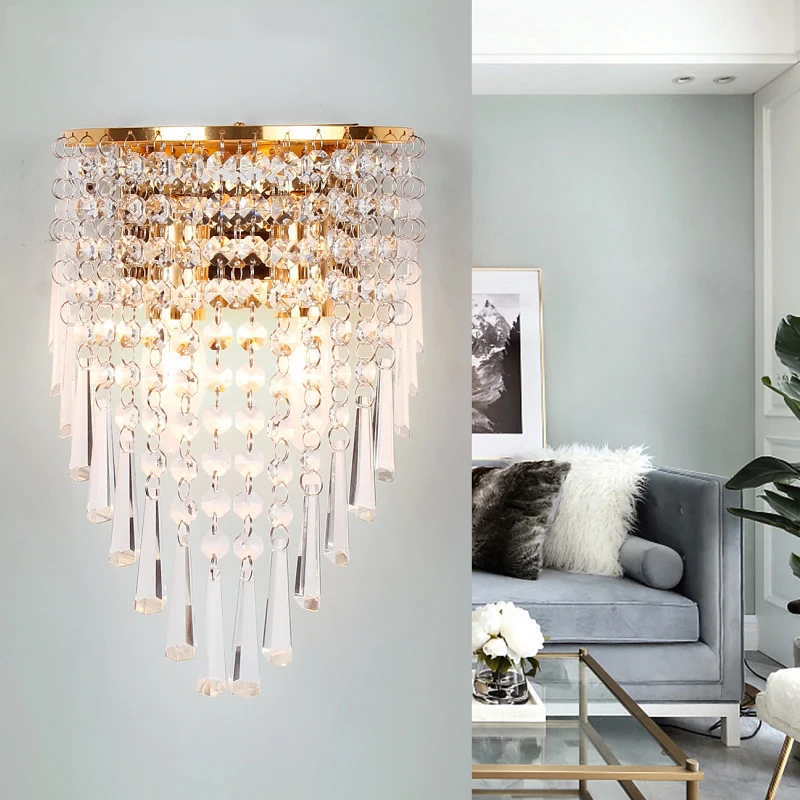 Gelaagde wandlamp modernisme stijl helder kristal 2 lampen woonkamer wandkandelaar goud Clearhalo