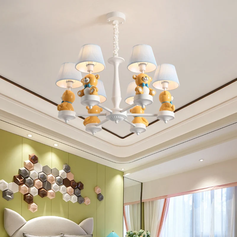 Gele beer speelgoedkroonluchter cartoon hars hanglamp met taps toelopende stoffen kap Clearhalo