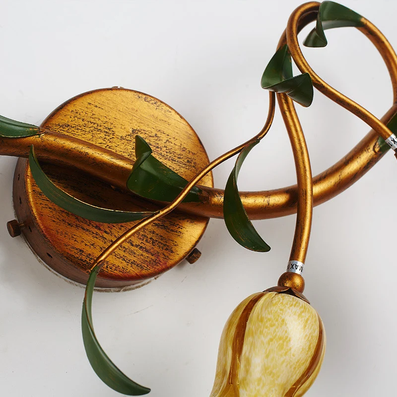 Gele bloem ijdelheid schans rustiek glas 3/5 lampen badkamer wandlamp met gouden gewervelde arm Clearhalo