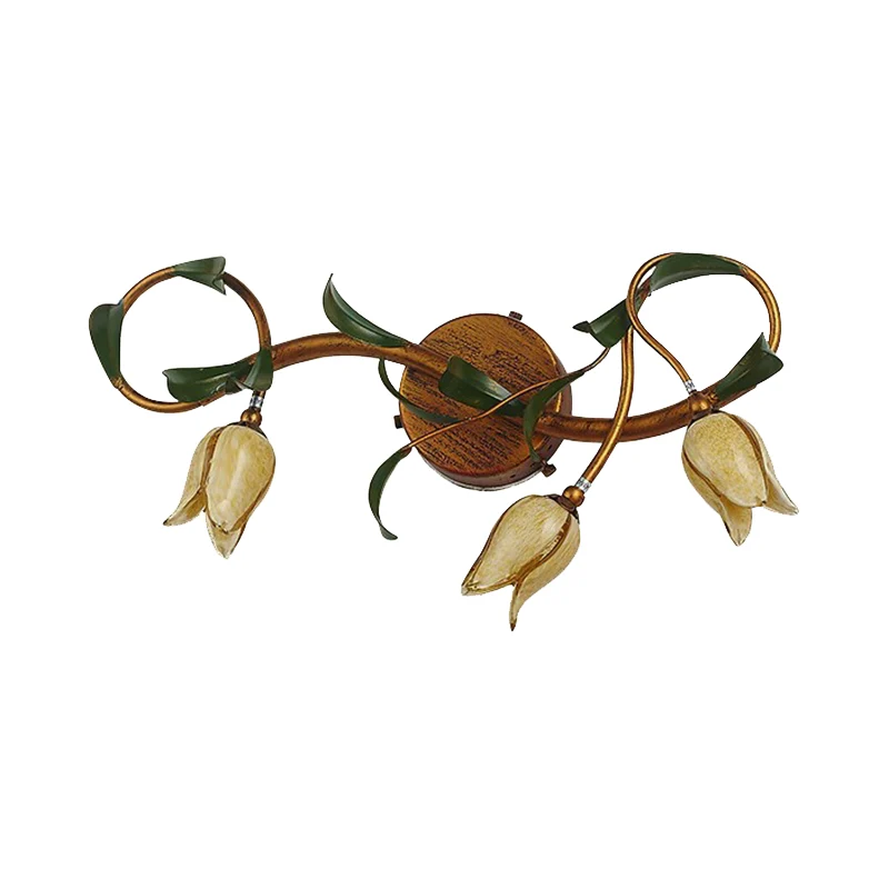 Gele bloem ijdelheid schans rustiek glas 3/5 lampen badkamer wandlamp met gouden gewervelde arm Clearhalo
