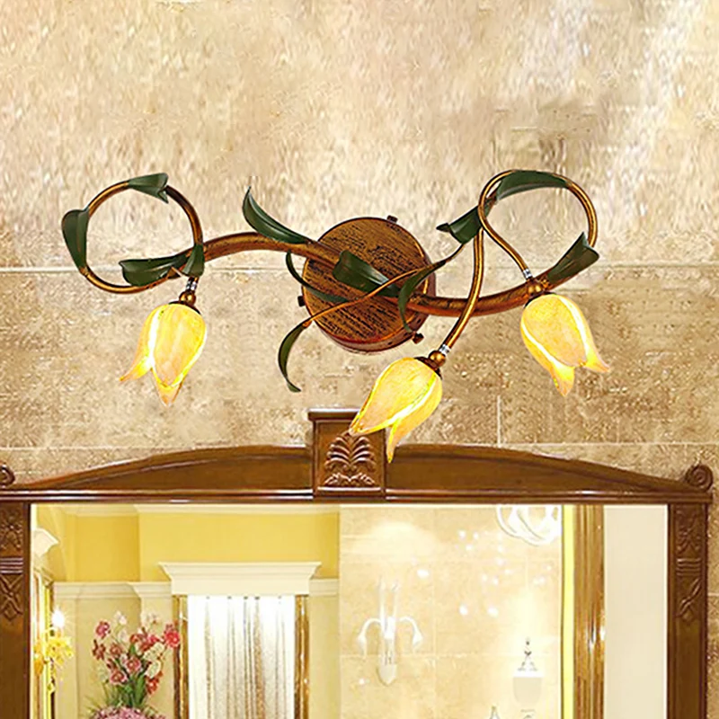 Gele bloem ijdelheid schans rustiek glas 3/5 lampen badkamer wandlamp met gouden gewervelde arm Clearhalo