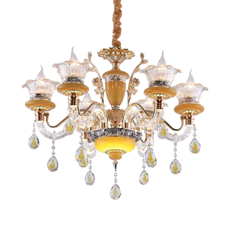 Gele kaars kroonluchter traditionele kristallen druppels 6 hoofden eetkamer plafond hanglamp Clearhalo