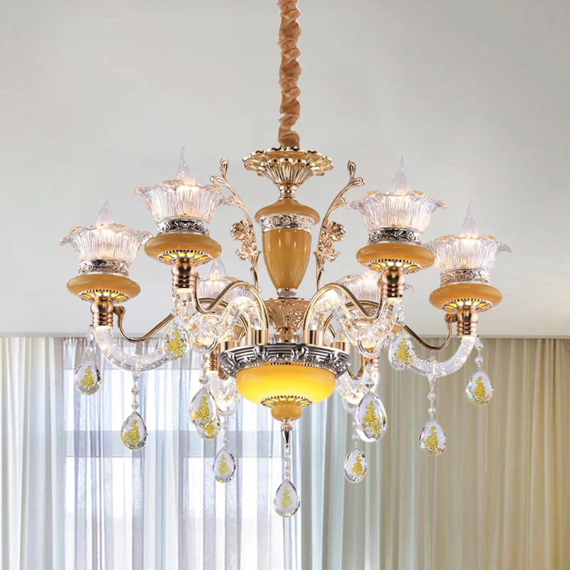 Gele kaars kroonluchter traditionele kristallen druppels 6 hoofden eetkamer plafond hanglamp Clearhalo