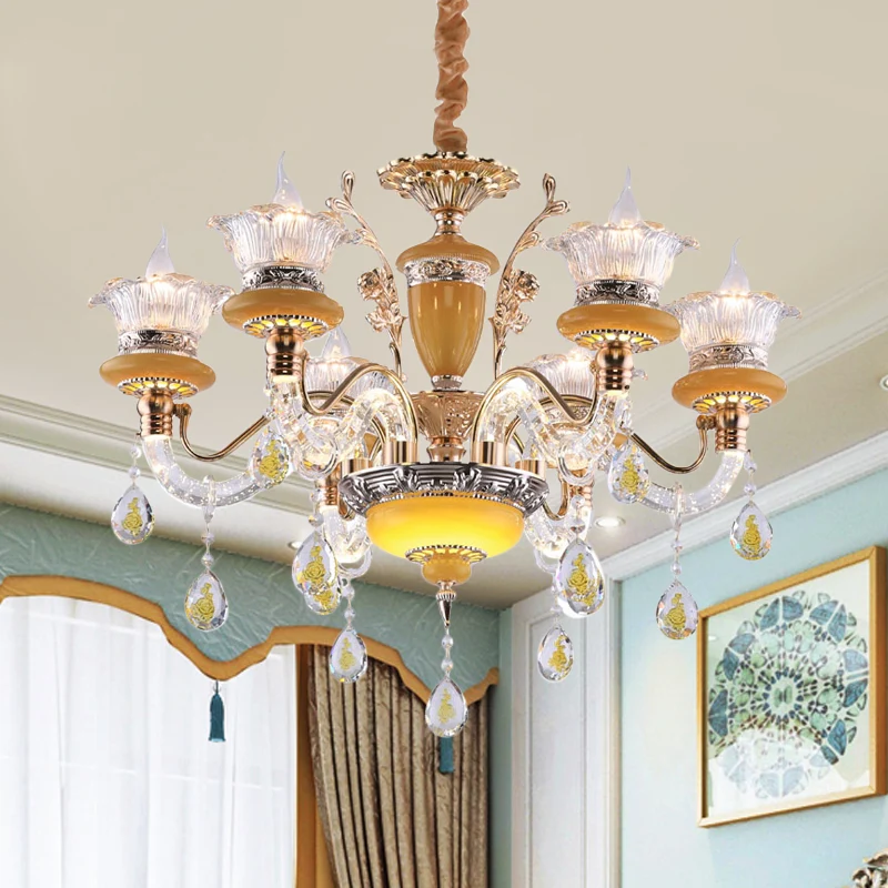 Gele kaars kroonluchter traditionele kristallen druppels 6 hoofden eetkamer plafond hanglamp Clearhalo