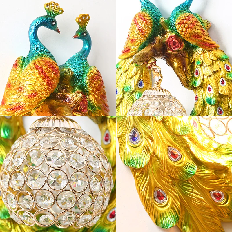 Gele pauw wandkandelaar 1 lichte harswandlamp landelijke stijl met koepelvormige kristallen kap voor slaapkamer Clearhalo