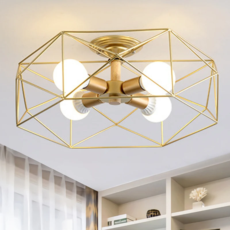Geometrische semi-inbouw moderne metalen 3/4/5-lichts wit/zwart/goud semi-inbouwlamp met draadkooikap Clearhalo
