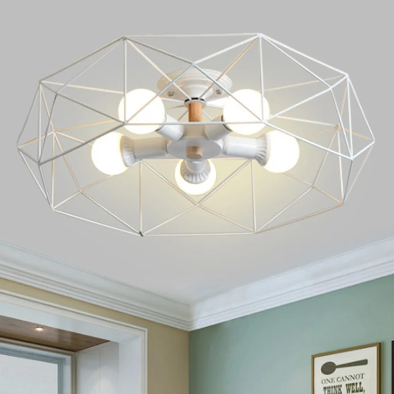 Geometrische semi-inbouw moderne metalen 3/4/5-lichts wit/zwart/goud semi-inbouwlamp met draadkooikap Clearhalo