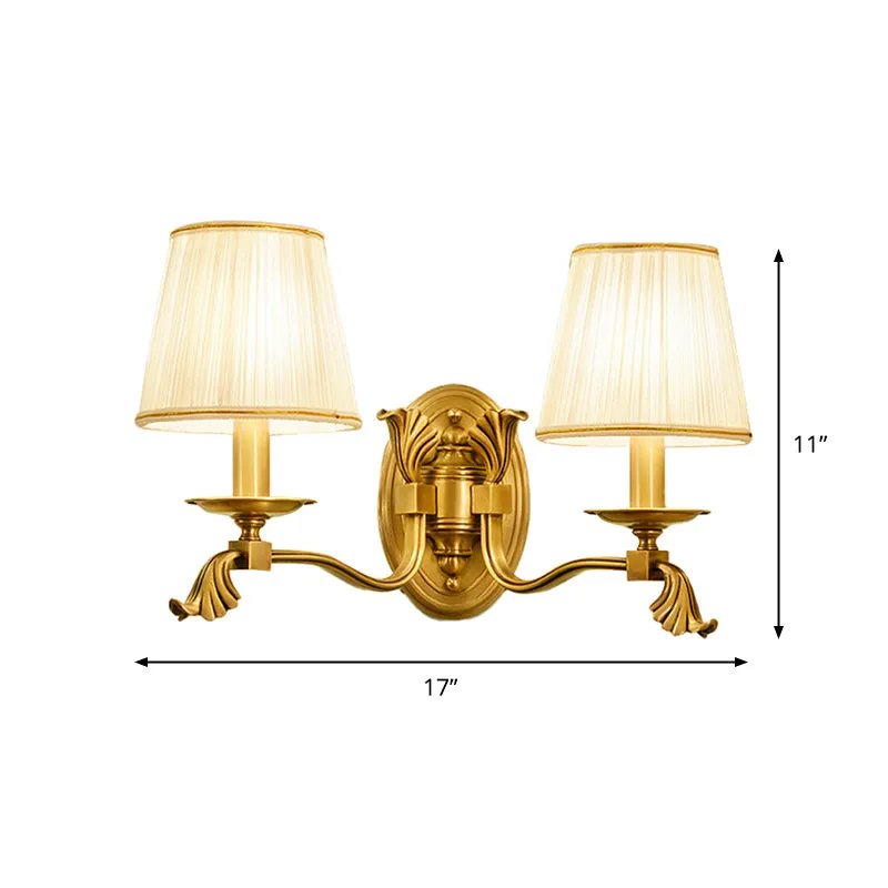 Geplooide stoffen kegelwandlamp Traditionele woonkamerwandkandelaar met 1/2 lamp en arm goud Clearhalo