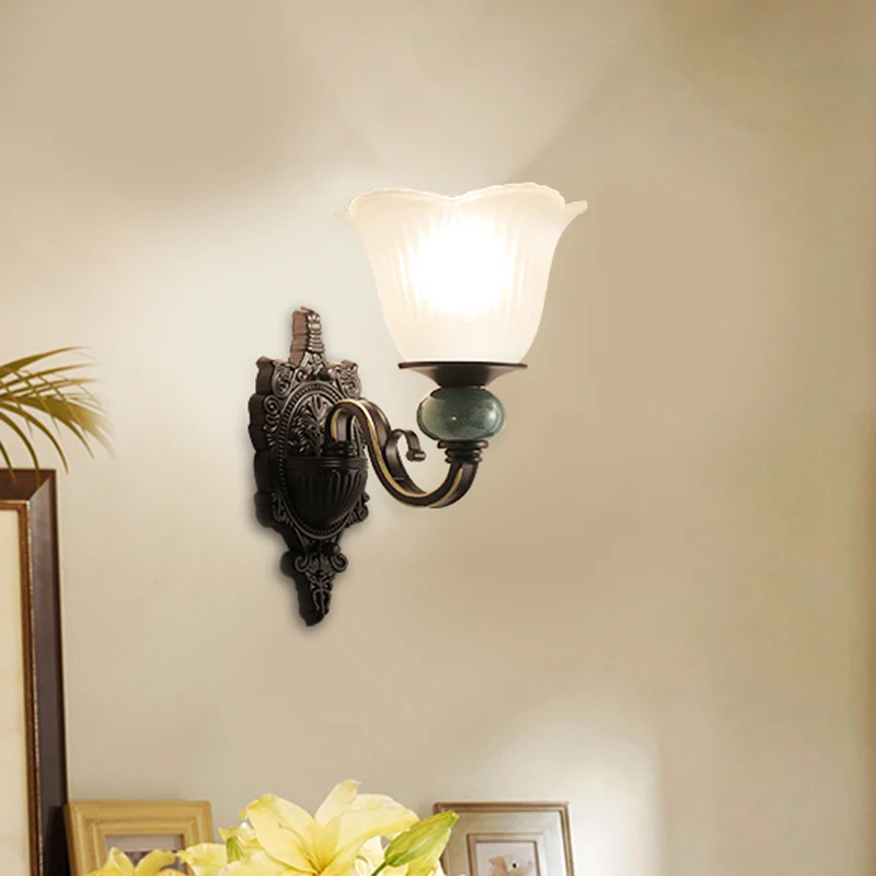 Geribbelde glazen bloemenwandverlichting Retro-stijl woonkamer wandlamp zwart Clearhalo