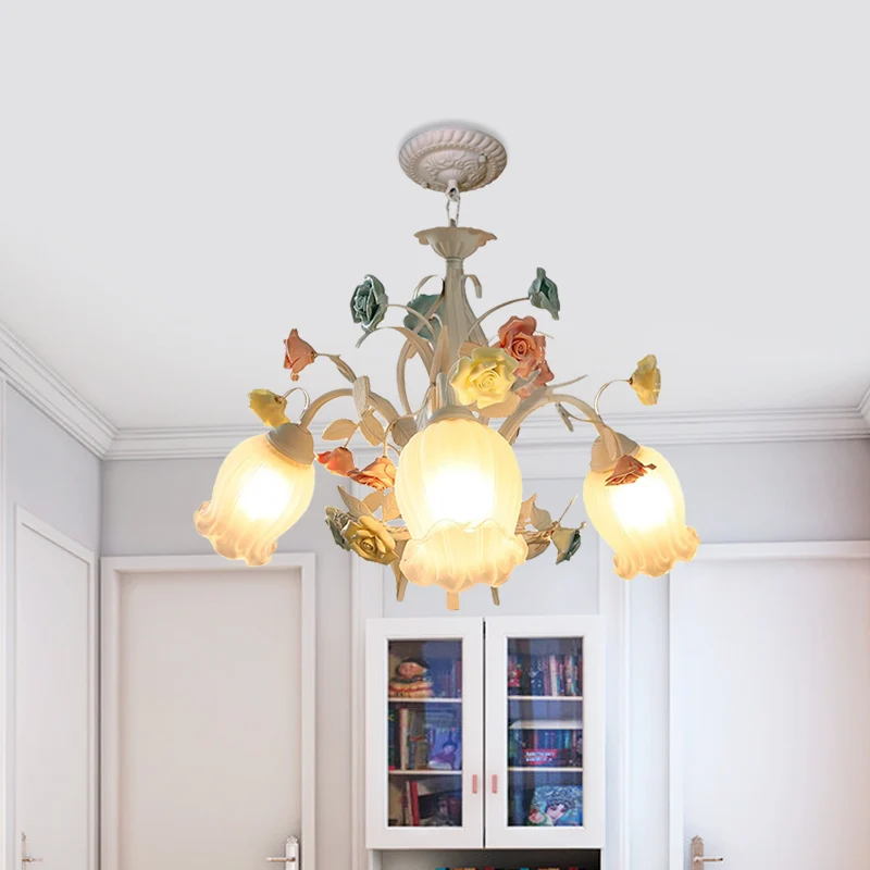 Geribbelde glazen witte kroonluchter halfopen bloem 3/6 lampen Koreaanse tuin hangende plafondlamp Clearhalo