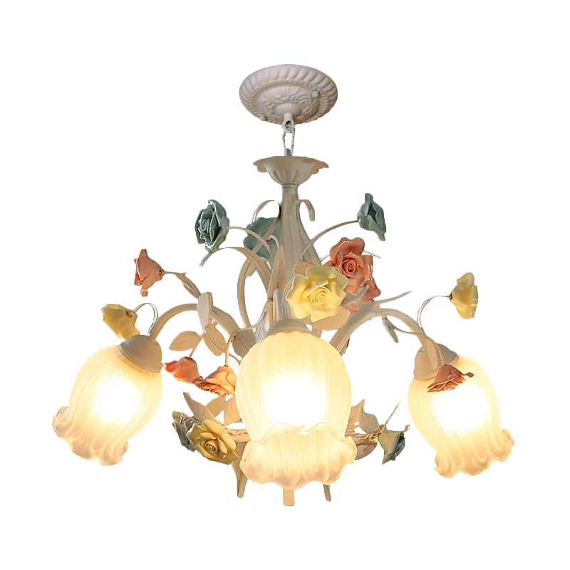Geribbelde glazen witte kroonluchter halfopen bloem 3/6 lampen Koreaanse tuin hangende plafondlamp Clearhalo