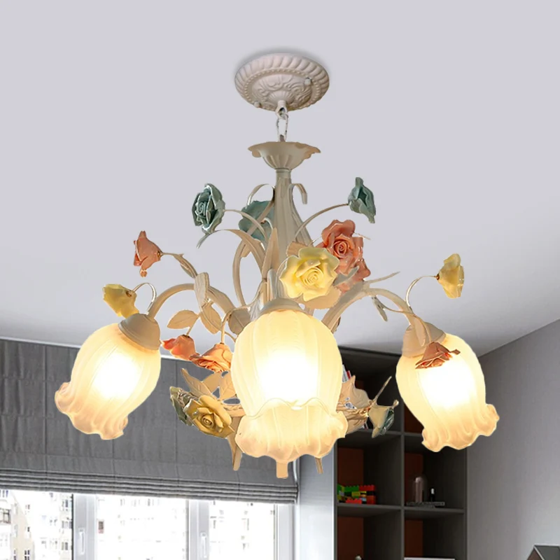 Geribbelde glazen witte kroonluchter halfopen bloem 3/6 lampen Koreaanse tuin hangende plafondlamp Clearhalo