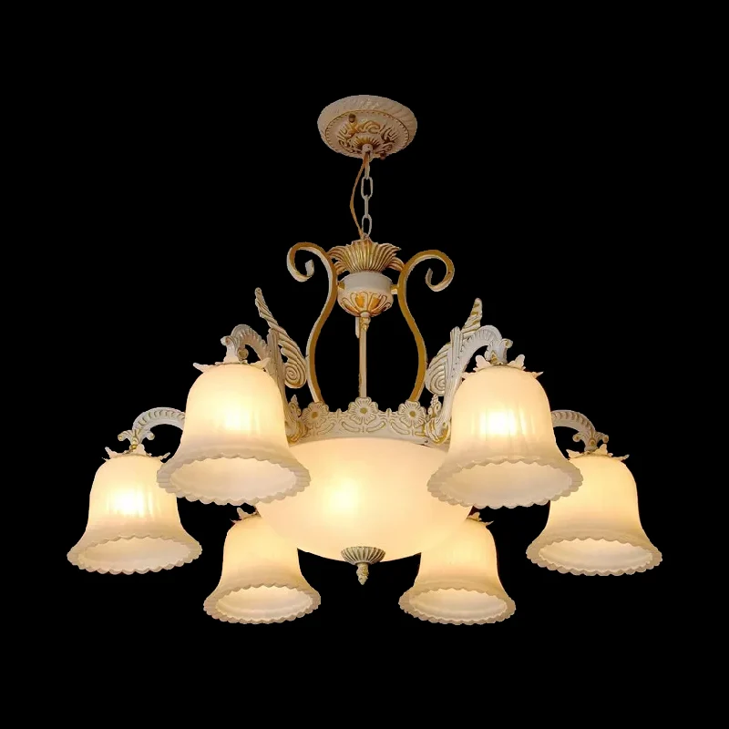 Geribbelde melkglazen beiaard hanglamp, vintage woonkamerkroonluchter met 9 lampen witgoud Clearhalo