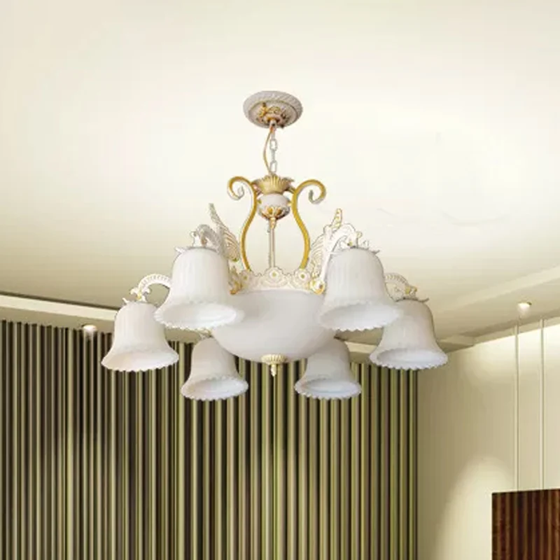 Geribbelde melkglazen beiaard hanglamp, vintage woonkamerkroonluchter met 9 lampen witgoud Clearhalo