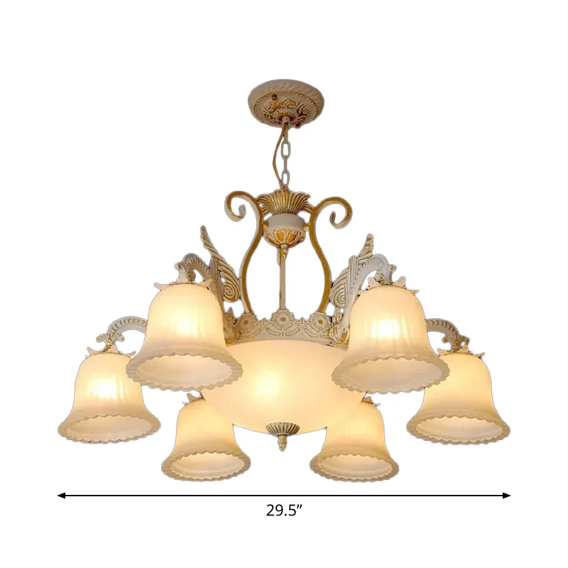 Geribbelde melkglazen beiaard hanglamp, vintage woonkamerkroonluchter met 9 lampen witgoud Clearhalo