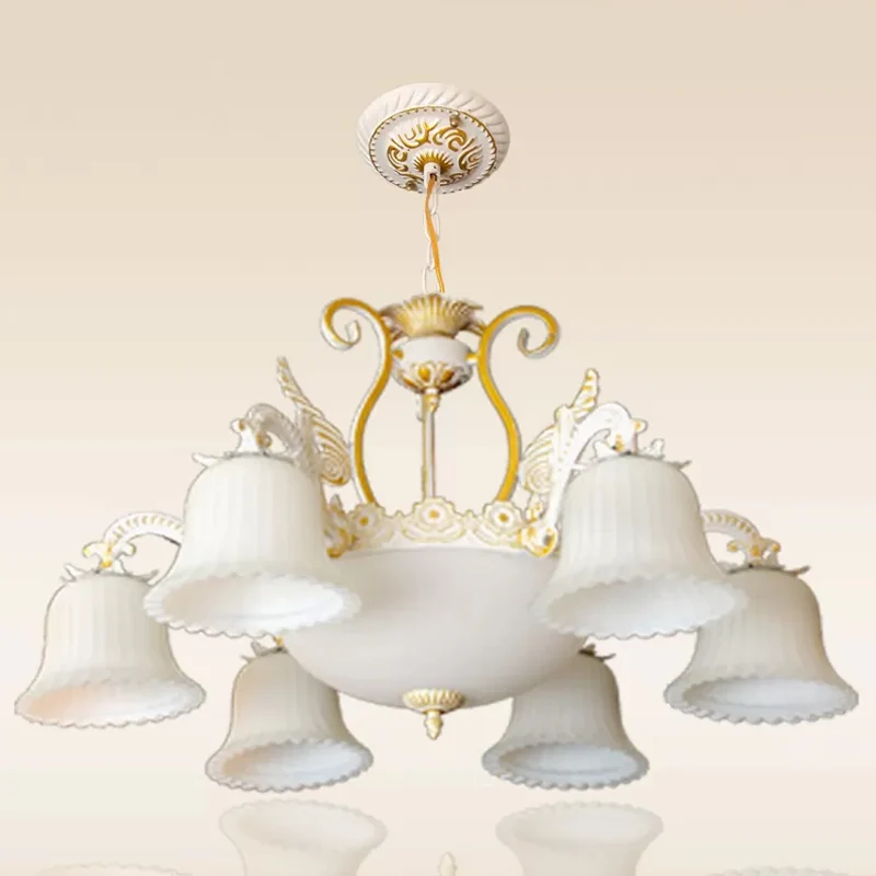 Geribbelde melkglazen beiaard hanglamp, vintage woonkamerkroonluchter met 9 lampen witgoud Clearhalo