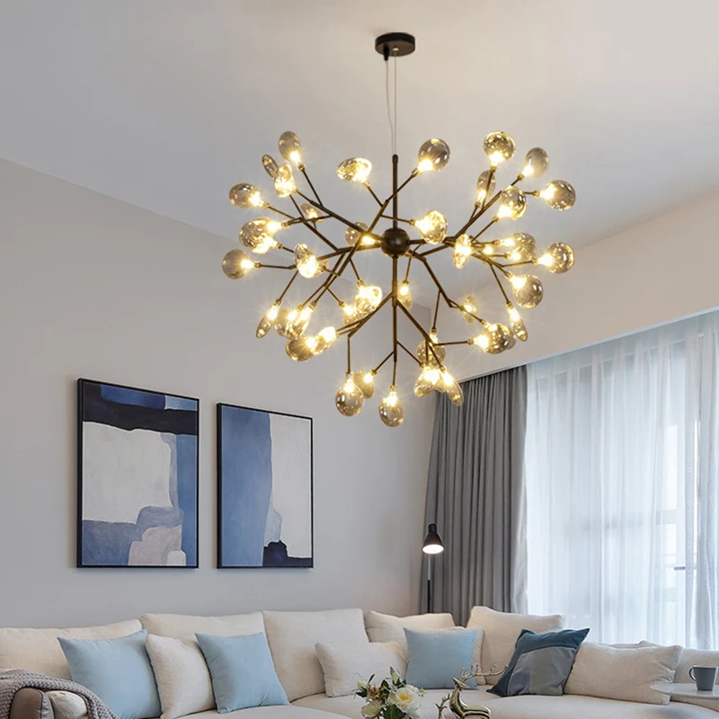 Gerookt glazen vertakte vuurvlieg kroonluchterverlichting Minimalistische LED-hanglamp zwart Clearhalo