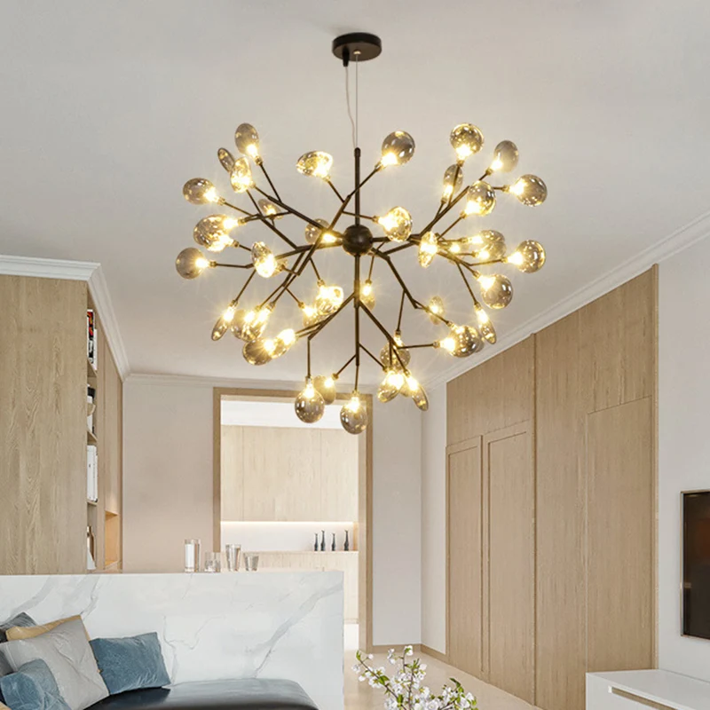 Gerookt glazen vertakte vuurvlieg kroonluchterverlichting Minimalistische LED-hanglamp zwart Clearhalo