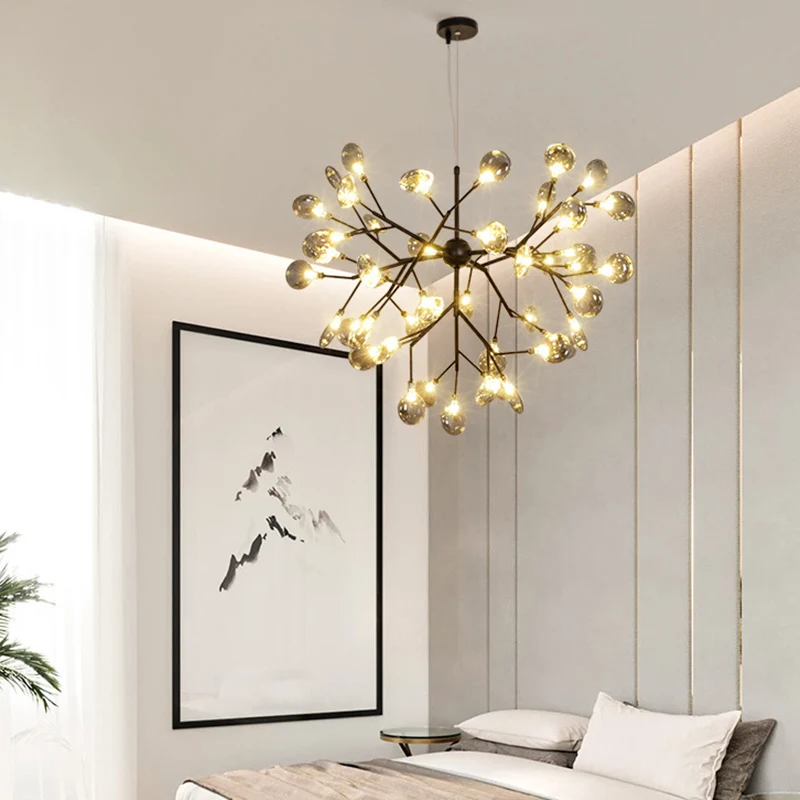 Gerookt glazen vertakte vuurvlieg kroonluchterverlichting Minimalistische LED-hanglamp zwart Clearhalo