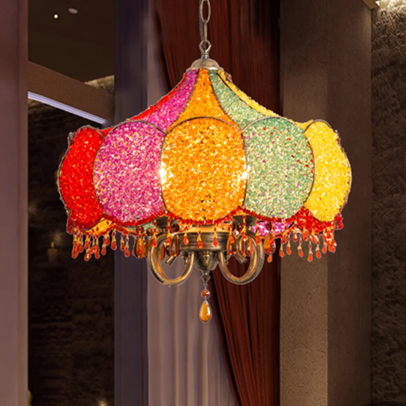 Geschulpte Restaurant Kroonluchter Verlichting Boheems Metaal 4 Lampen Roze/Gele Hanglamp Clearhalo