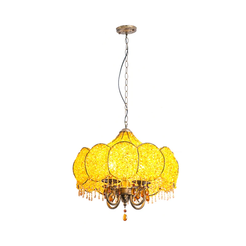 Geschulpte Restaurant Kroonluchter Verlichting Boheems Metaal 4 Lampen Roze/Gele Hanglamp Clearhalo