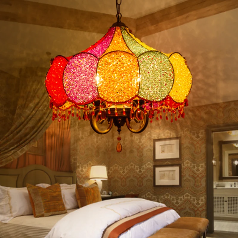 Geschulpte Restaurant Kroonluchter Verlichting Boheems Metaal 4 Lampen Roze/Gele Hanglamp Clearhalo