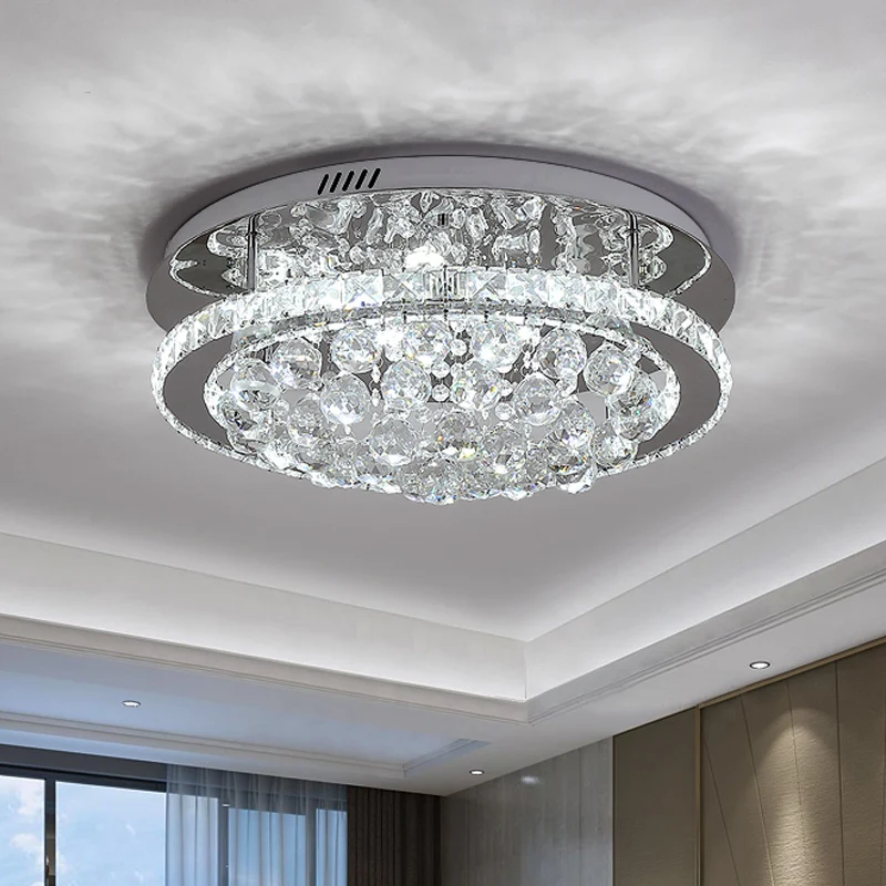 Gespiegelde Chrome Drum Semi-inbouw moderne kristallen hotel LED-plafondlamp met waterval Orb Drop Clearhalo