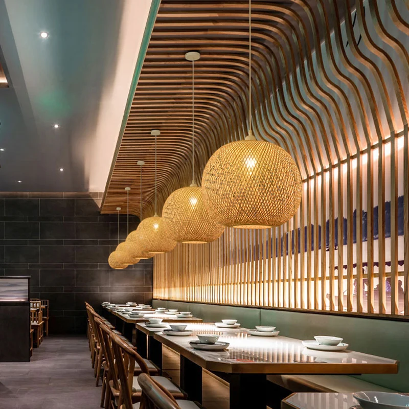 Geweven plafondlamp Moderne bamboe enkele houten hangende hanglamp voor restaurant Clearhalo