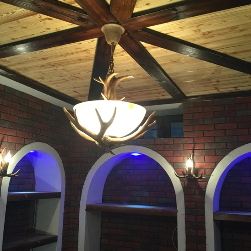 Glazen hertengewei kroonluchterlamp boerderij 3-koppige hangende plafondlamp voor binnen bruin Clearhalo