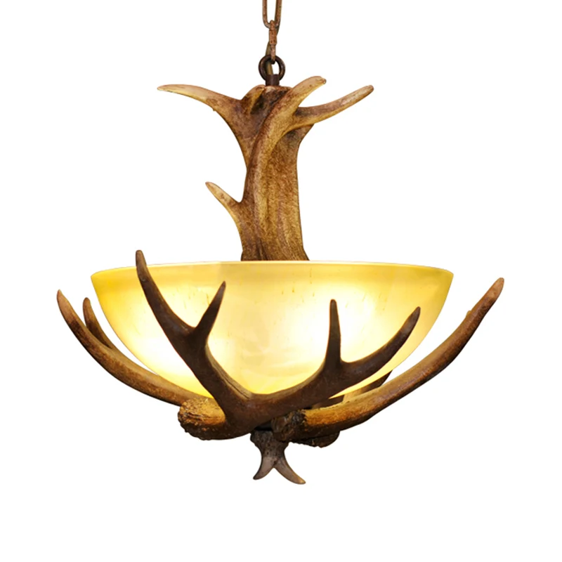 Glazen hertengewei kroonluchterlamp boerderij 3-koppige hangende plafondlamp voor binnen bruin Clearhalo