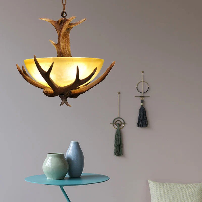 Glazen hertengewei kroonluchterlamp boerderij 3-koppige hangende plafondlamp voor binnen bruin Clearhalo