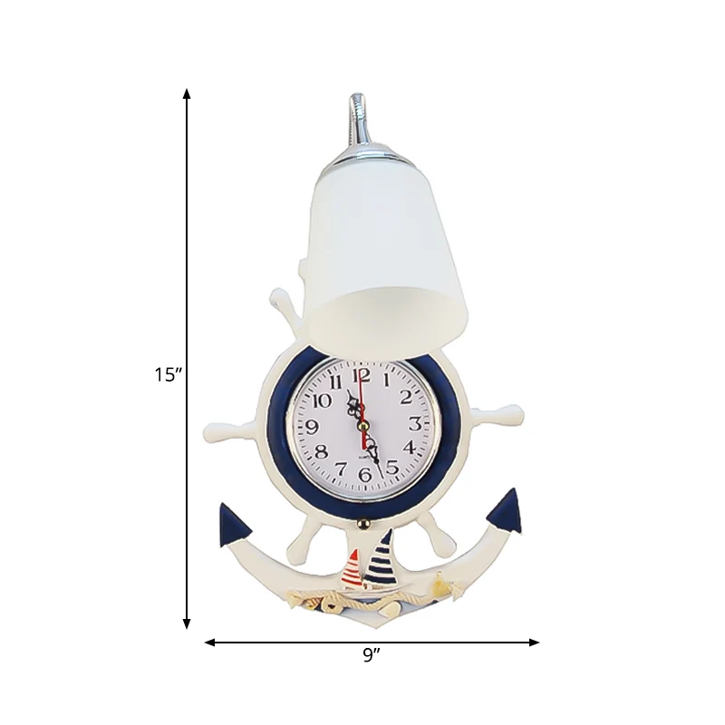 Glazen klokkandelaar met ankerklok 1-lichts mediterrane wandlamp wit voor hotel Clearhalo