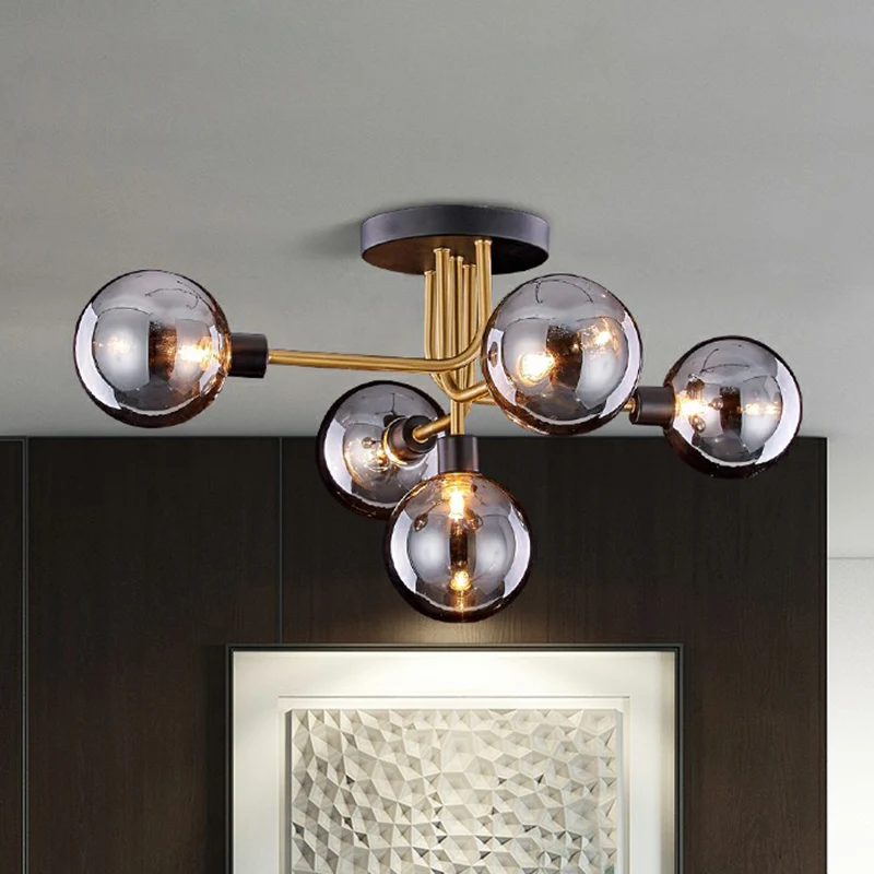 Glazen Modo plafondmontage kroonluchter postmodern zwart en messing semi-inbouw lichtarmatuur Clearhalo