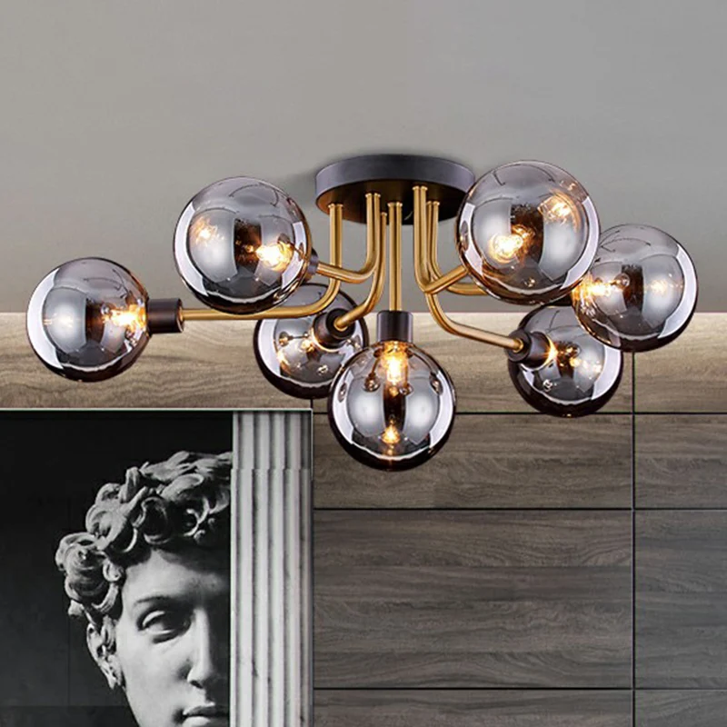 Glazen Modo plafondmontage kroonluchter postmodern zwart en messing semi-inbouw lichtarmatuur Clearhalo