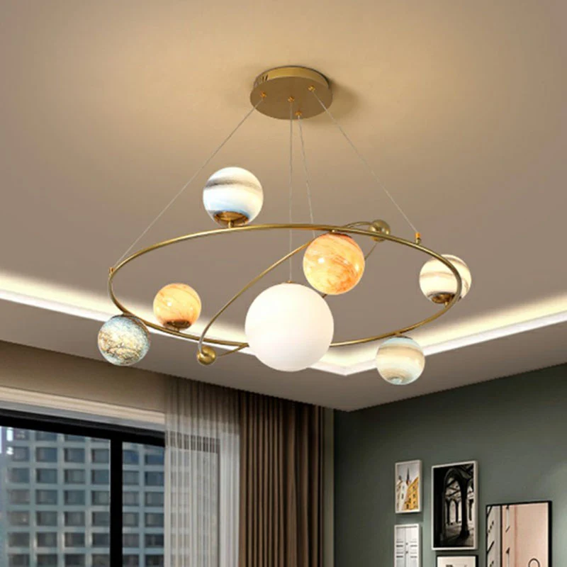 Glazen Planeet Hanglamp Postmodern Messing Afwerking Kroonluchter Licht voor Woonkamer Clearhalo