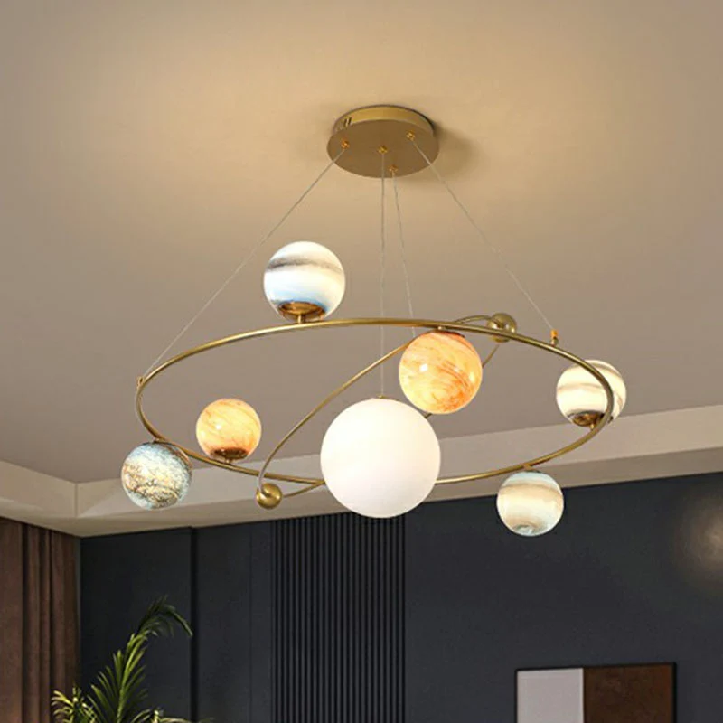 Glazen Planeet Hanglamp Postmodern Messing Afwerking Kroonluchter Licht voor Woonkamer Clearhalo