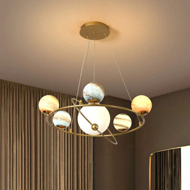 Glazen Planeet Hanglamp Postmodern Messing Afwerking Kroonluchter Licht voor Woonkamer Clearhalo