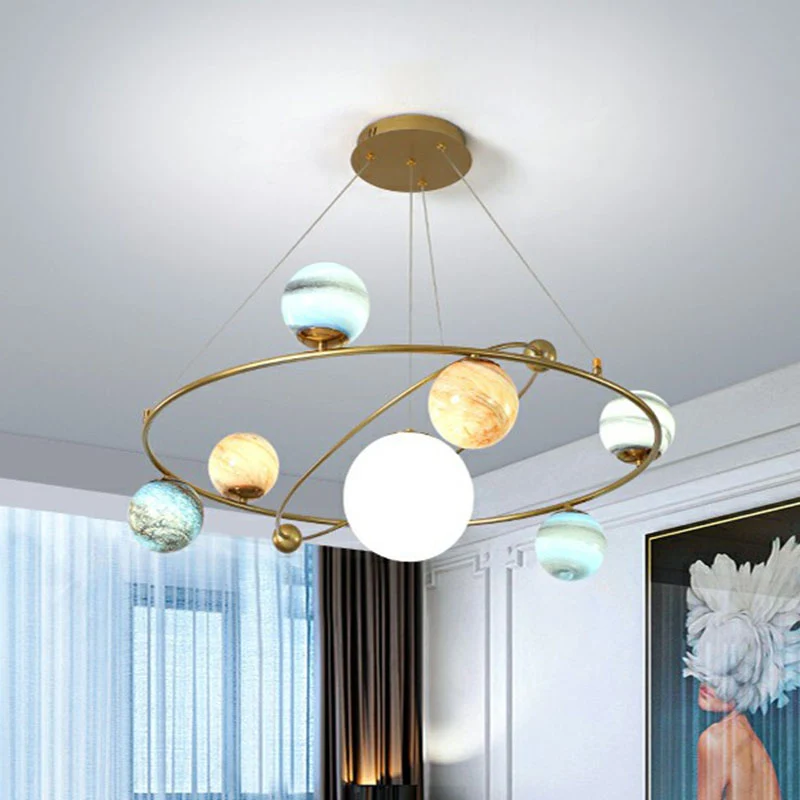 Glazen Planeet Hanglamp Postmodern Messing Afwerking Kroonluchter Licht voor Woonkamer Clearhalo