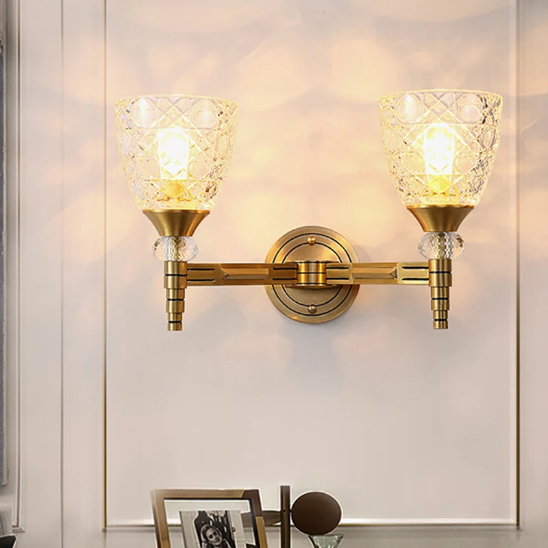 Glazen wandlamp met 1/2 lampen en kom, lampenkap, zolderslaapkamer, wandmontagelamp messing afwerking Clearhalo