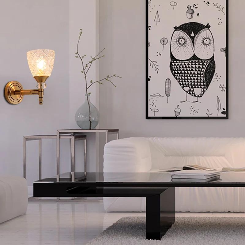 Glazen wandlamp met 1/2 lampen en kom, lampenkap, zolderslaapkamer, wandmontagelamp messing afwerking Clearhalo