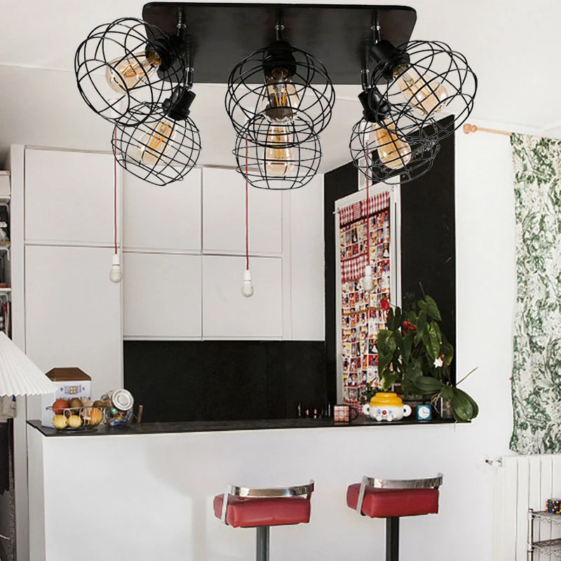 Global Cage Metal Semi Inbouw Plafondlamp Industriële Stijl 4/6 Lichten Eetkamer Plafondlamp Zwart Clearhalo