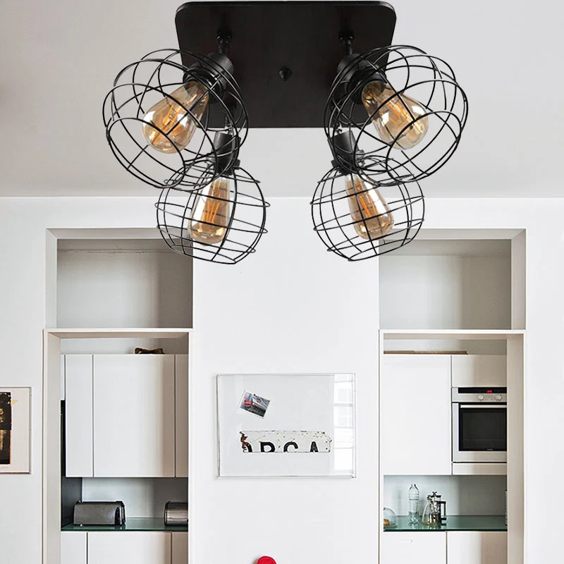 Global Cage Metal Semi Inbouw Plafondlamp Industriële Stijl 4/6 Lichten Eetkamer Plafondlamp Zwart Clearhalo