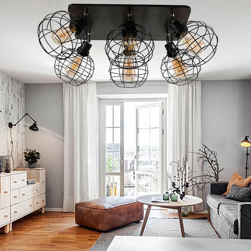 Global Cage Metal Semi Inbouw Plafondlamp Industriële Stijl 4/6 Lichten Eetkamer Plafondlamp Zwart Clearhalo